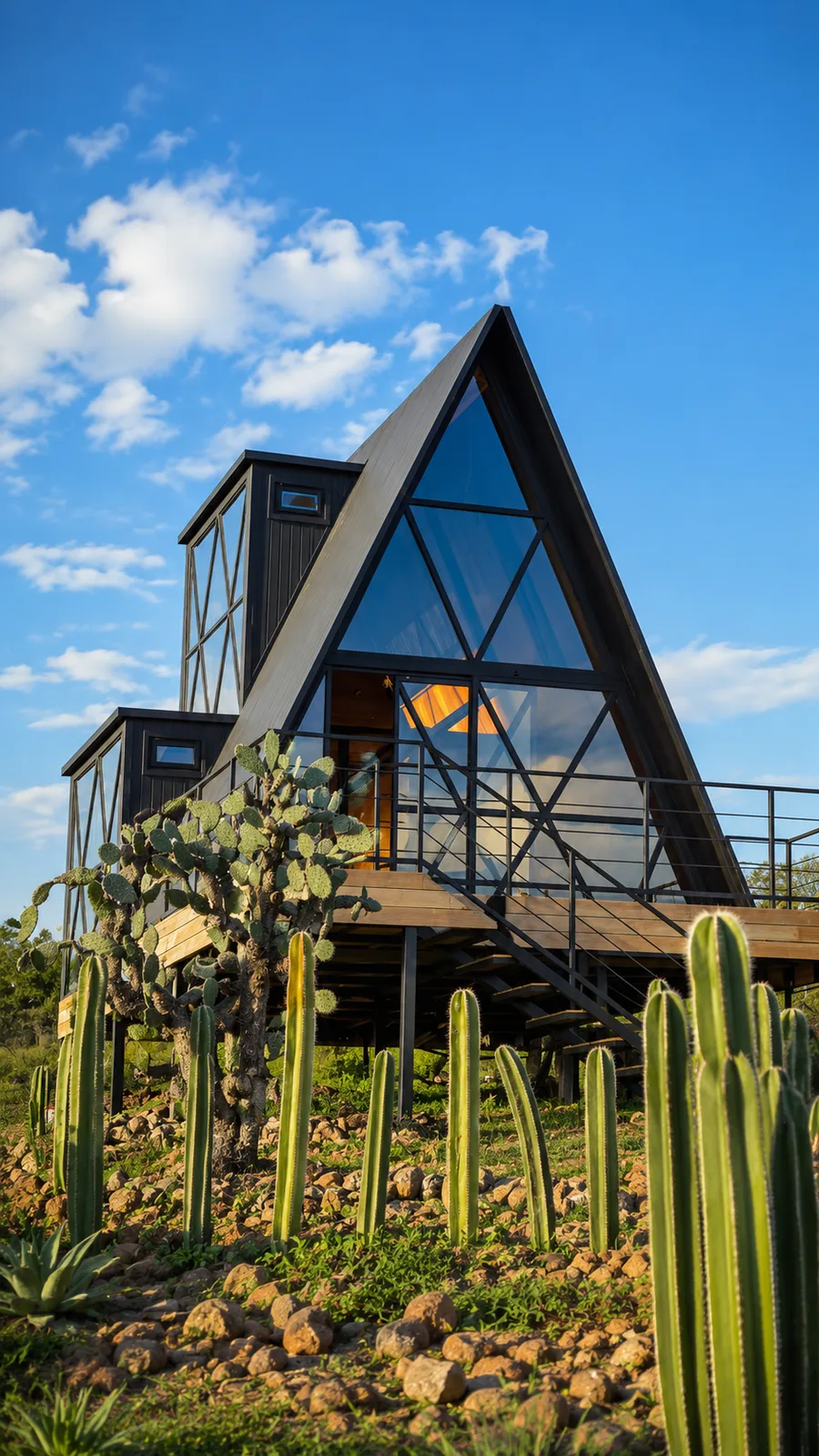 Cabaña Modelo B de un piso con fachada de cristal en el bosque