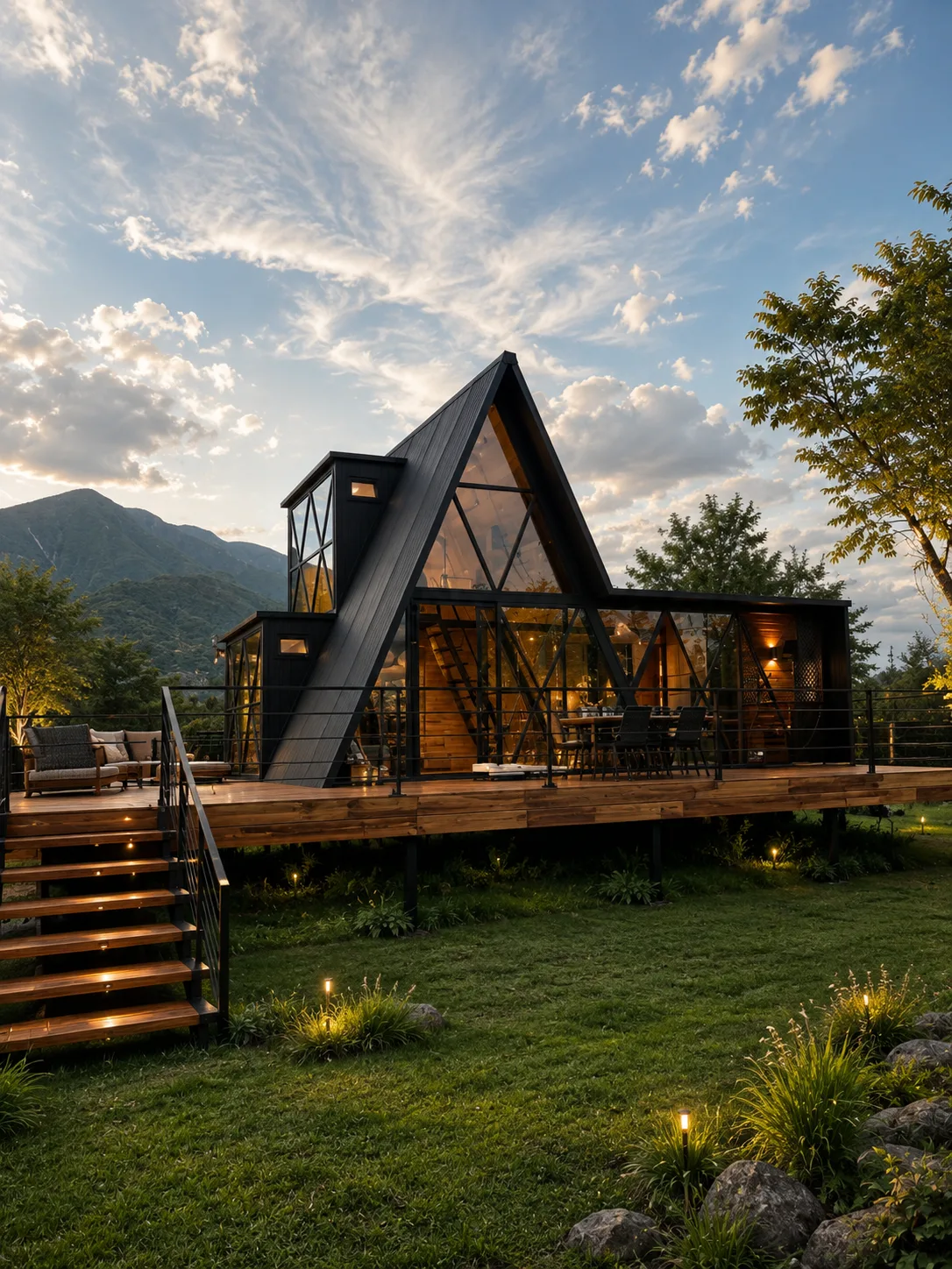 Cabaña Modelo C tipo A-frame iluminada por dentro