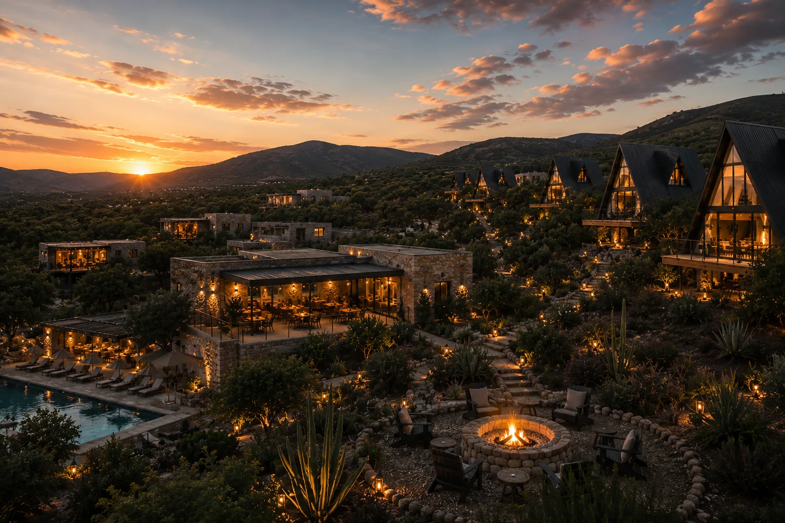 Cabañas de Coyote Park con fogatero encendido al atardecer