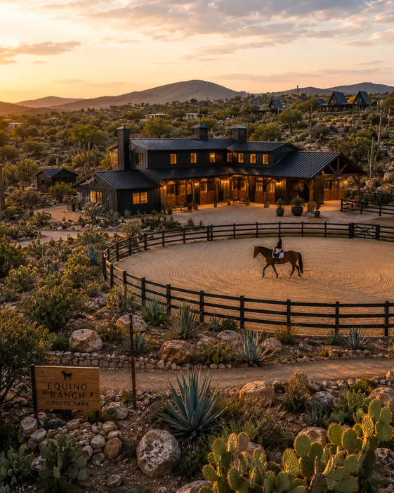 Vista aérea del Equino Ranch con jinete en el picadero al atardecer