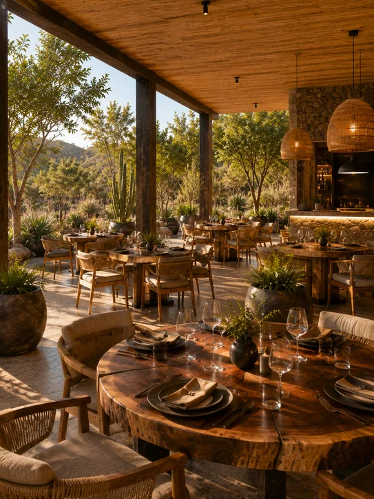 Terraza de eventos con mesas de madera bajo el pórtico