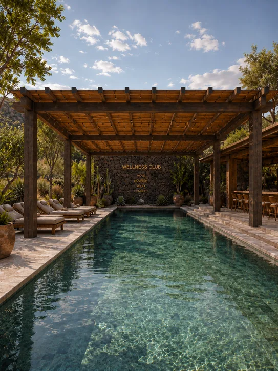 Alberca del Wellness Club bajo una pérgola de madera