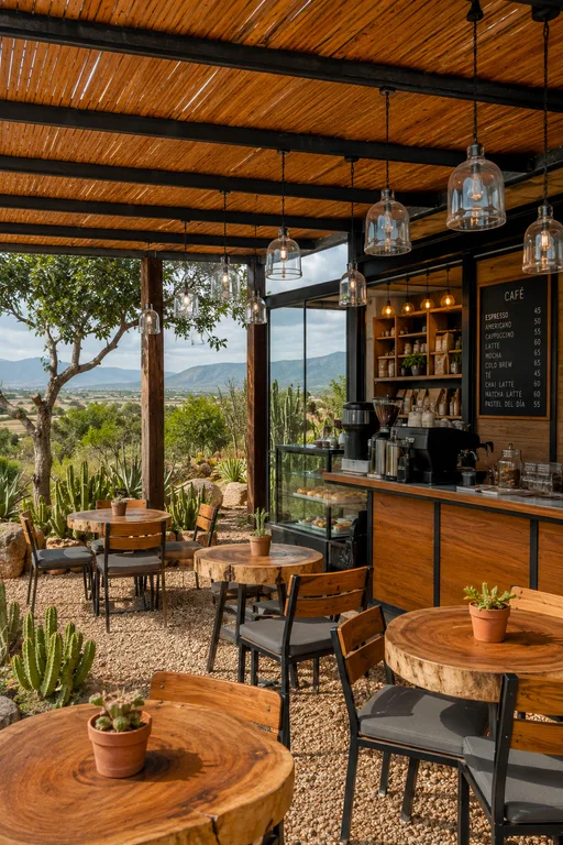 Barra de la cafetería con vista al valle y mesas de madera