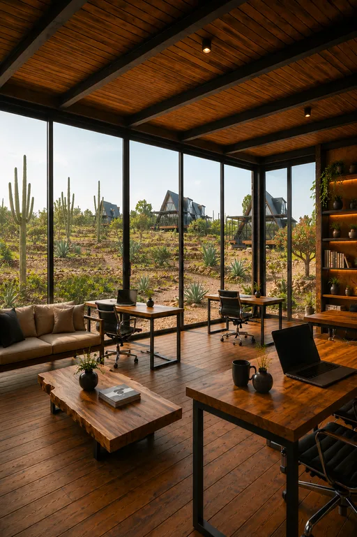 Espacio de coworking con ventanales hacia las cabañas