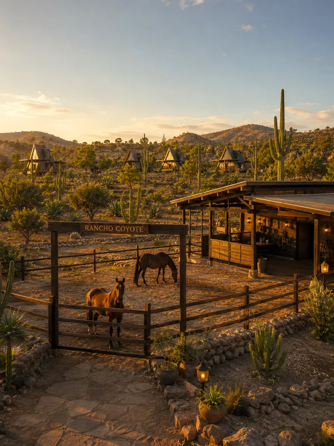 Establo del rancho con caballos entre cactus