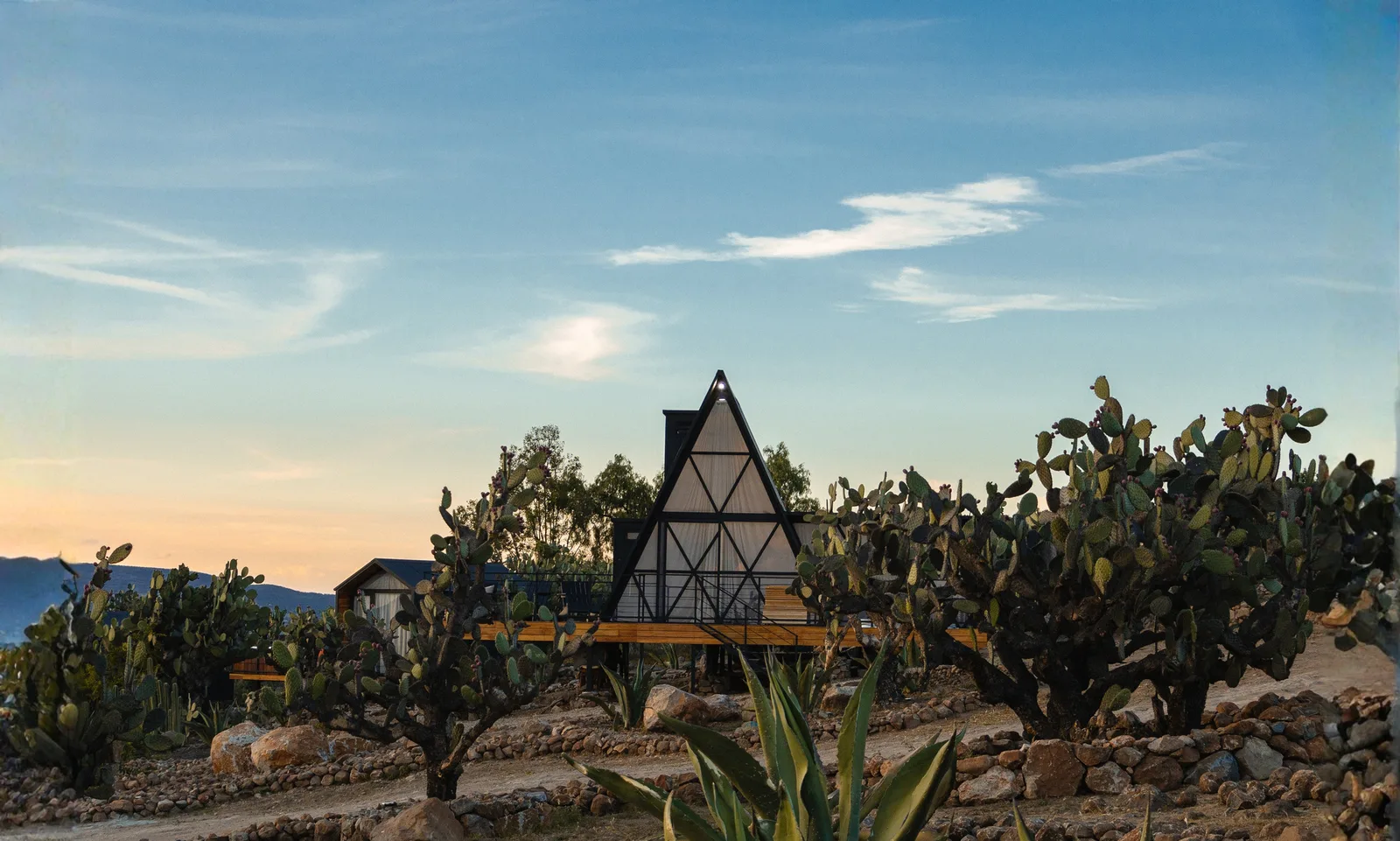 Cabaña A-frame entre nopales con las montañas al fondo