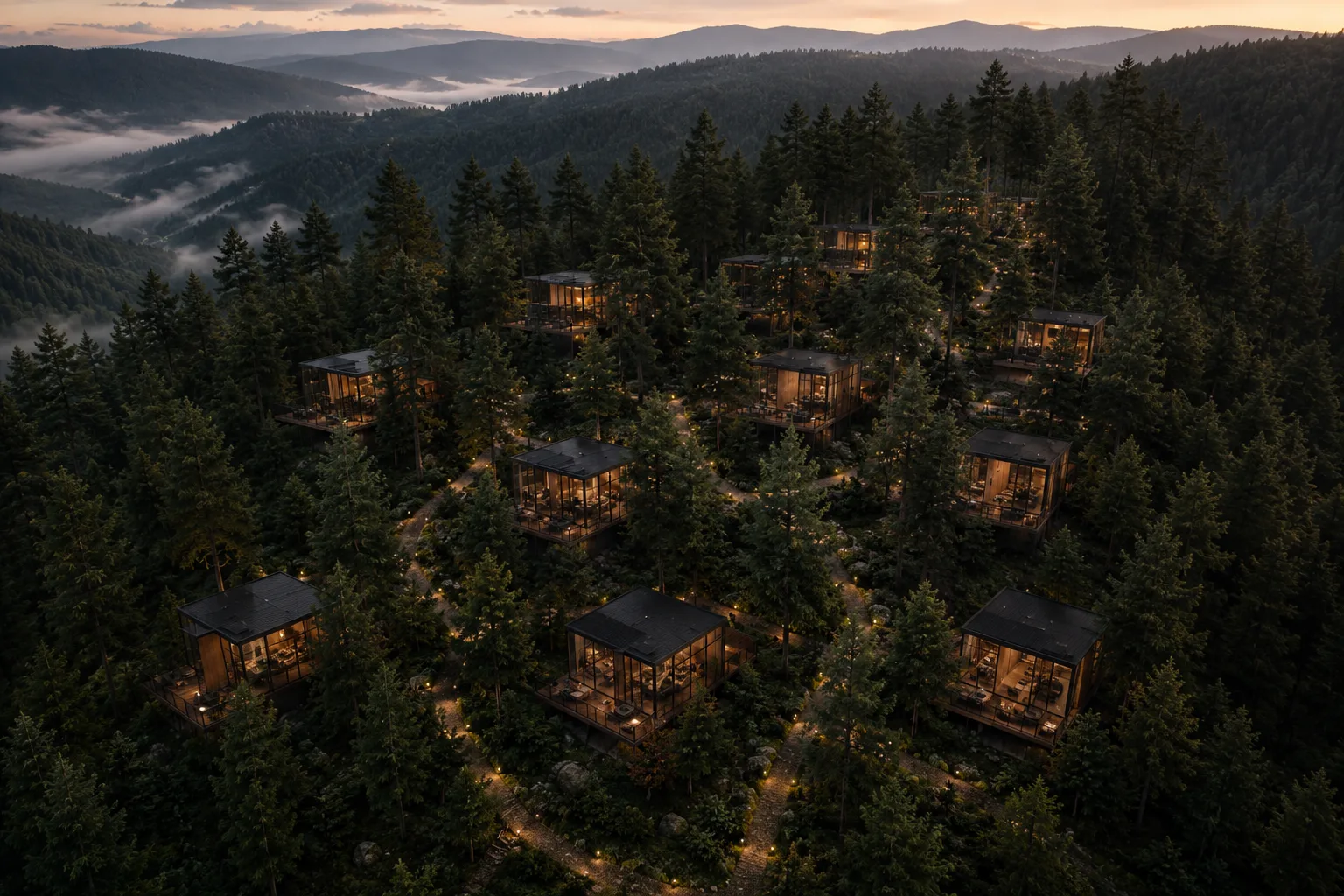 Vista aérea de las villas de Coyote Park Mazamitla iluminadas entre el bosque