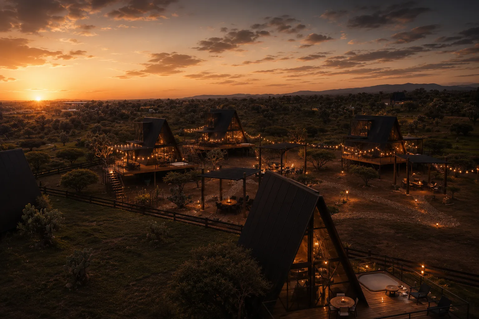 Vista aérea del hotel y la alberca de Coyote Park al atardecer entre las montañas
