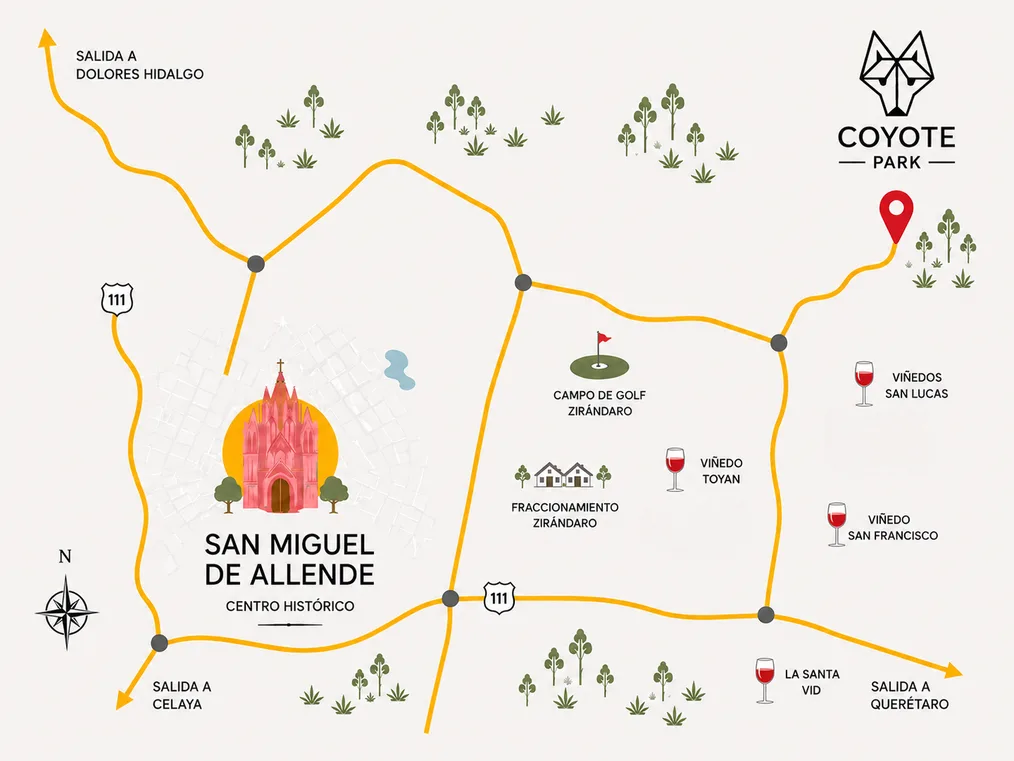 Mapa ilustrado: Coyote Park al noreste del centro de San Miguel de Allende, por la salida a Querétaro, junto a Viñedos San Lucas